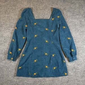 Cider Corduroy Teal Floral Embroidered Long Sleeve Mini Dress M Cottagecore
